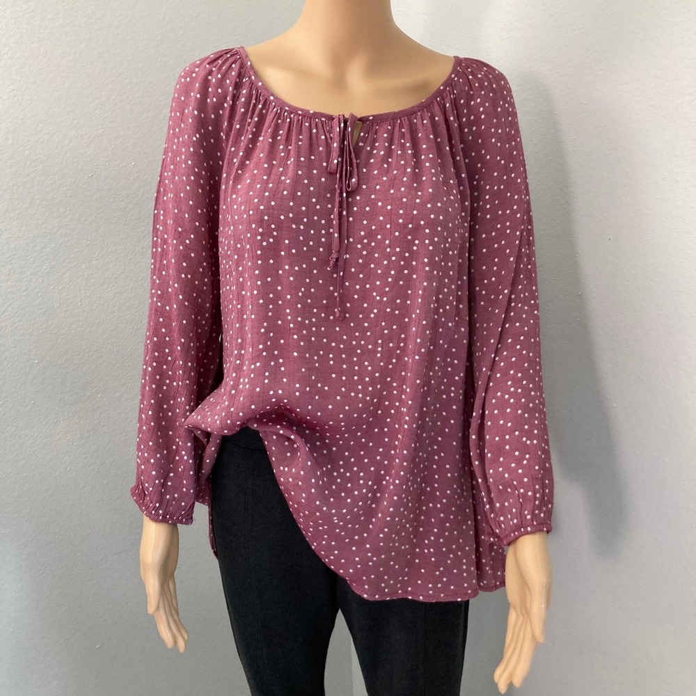 Fred David Womens XL Mauve Polka Dot Peasant Blouse Long Sleeve Tie Neck